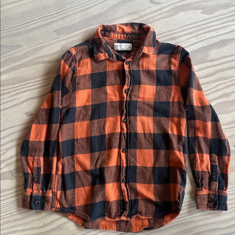 Zara boys Orange and Black Plaid Flannel Button-Up Shirt